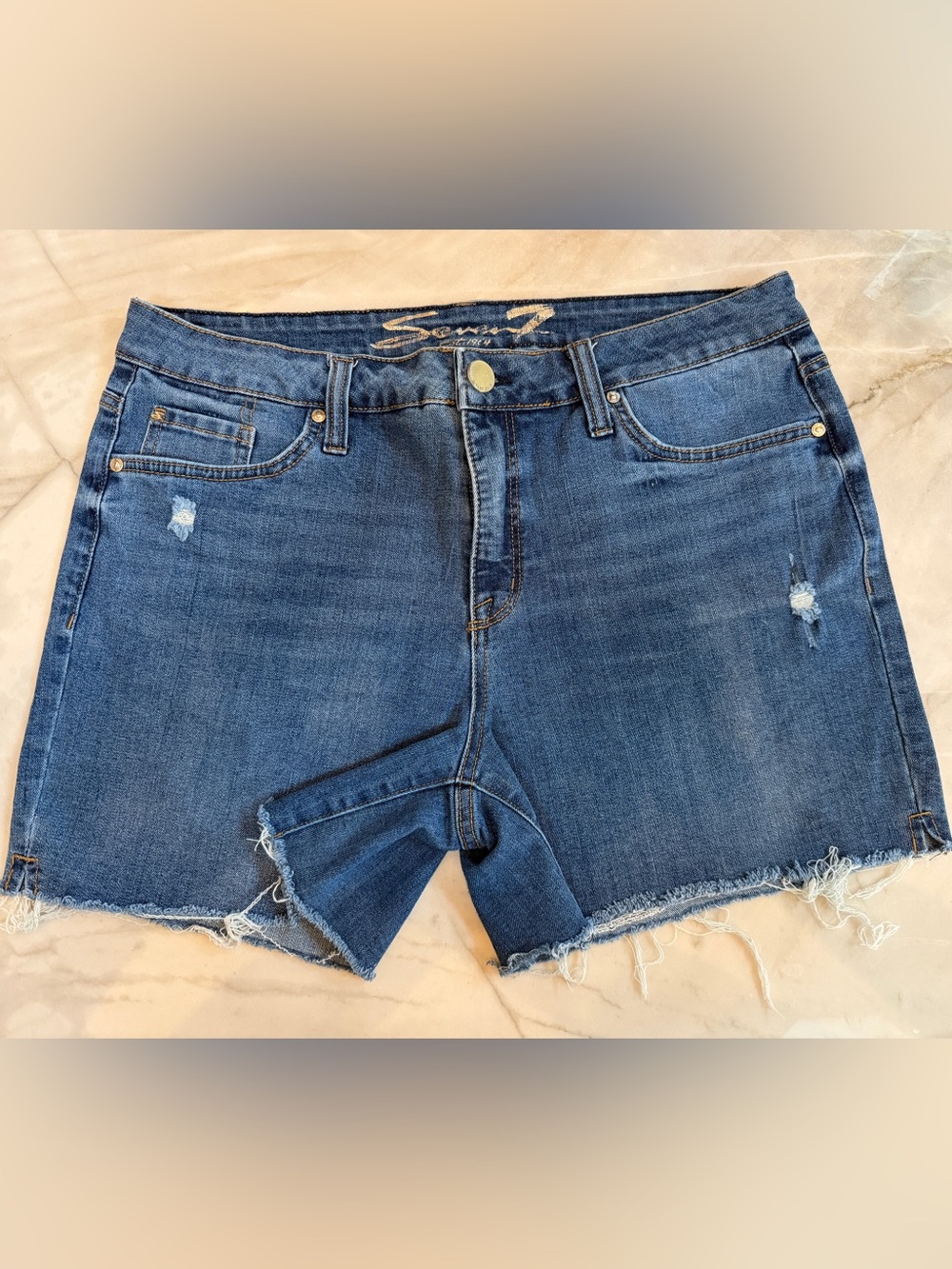 Seven7 Women’s Mid-Rise Distressed Denim Shorts - Blue- Weekend Short 12